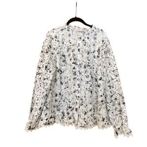 Logo Lori Goldstein Eyelet Lace Women’s Large White Black Floral Blouse Top